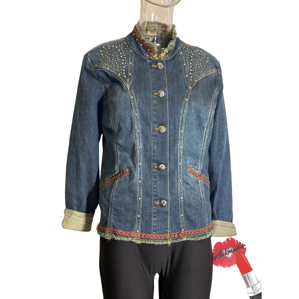 Reba Denim Jacket Womens XL Blue Jean Western Fitted Button Pockets Studded